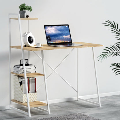 Oak computer desk with built-in bookshelf, ideal for childrens study and storage needs.