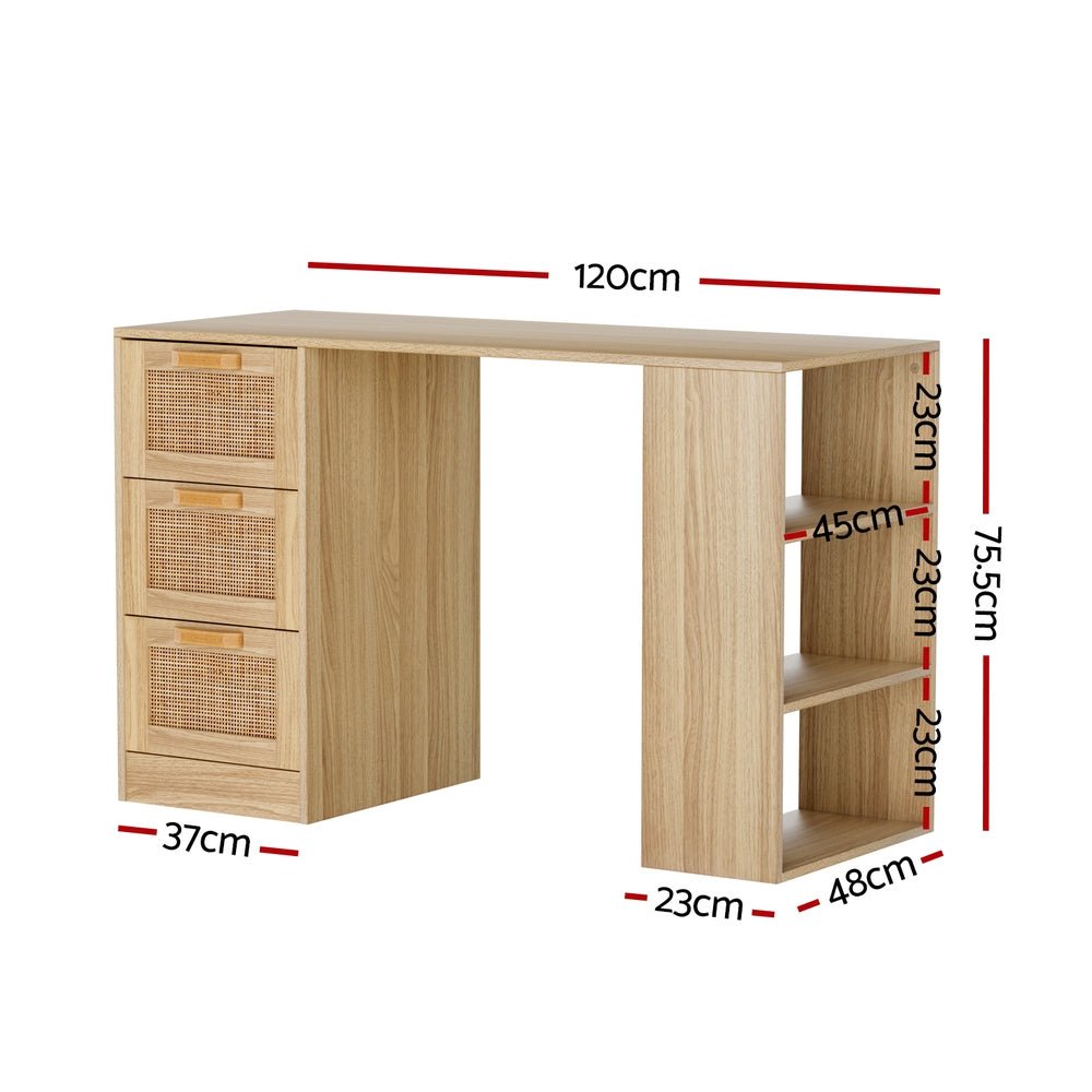 Childs oak study table with drawer and rattan shelf for home office.