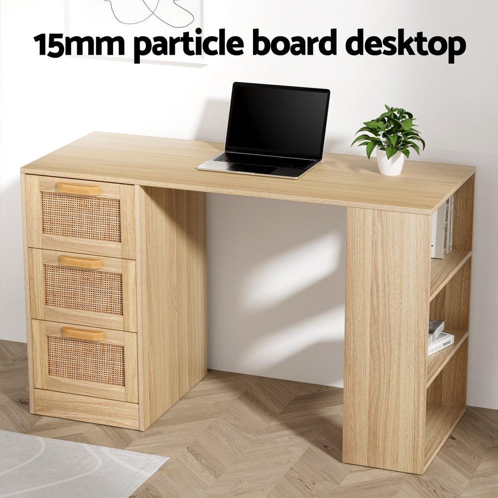 Childs rattan oak computer desk with drawer and shelf for home office study.