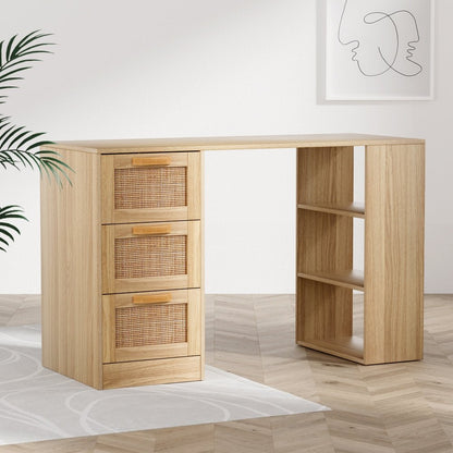 Kids rattan oak computer desk with drawer, shelf, ideal for home study table.