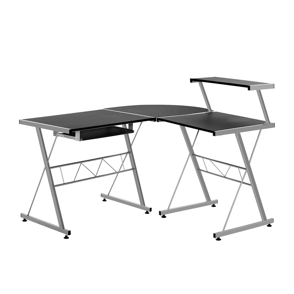 Black L-shape computer desk for teens and adults, perfect for home offices and bedrooms.
