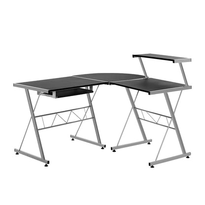 Black L-shape computer desk for teens and adults, perfect for home offices and bedrooms.