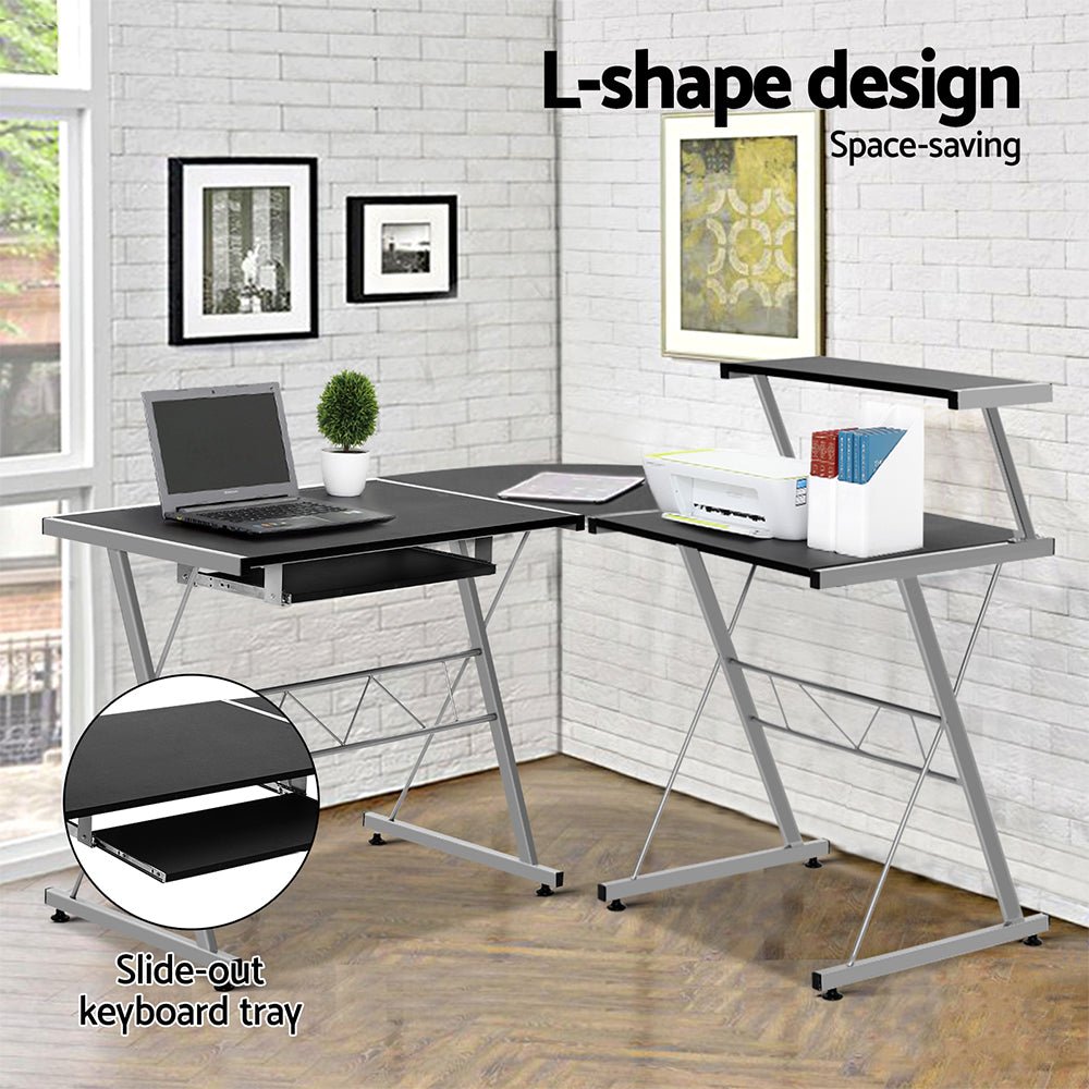 Modern L-shape black computer desk for teens and adults | perfect for childrens study area.