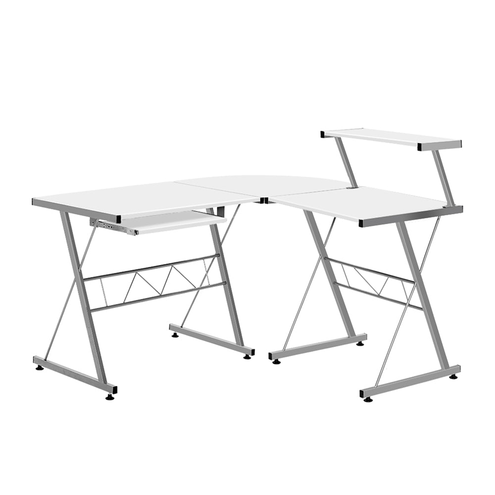 Modern white L-shape computer desk for teens and adults, perfect for home study and work.