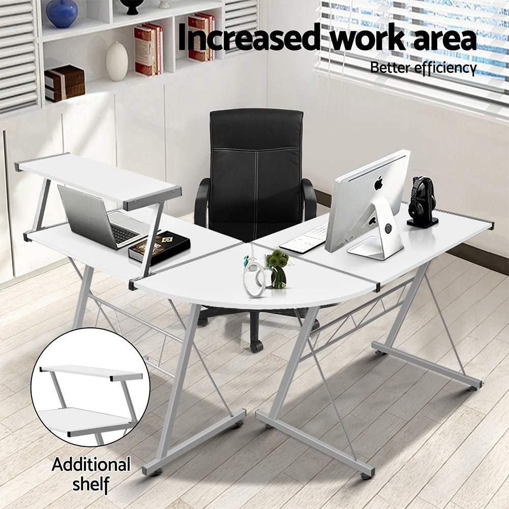 White L-shape computer desk for teens and adults | ideal for kids study and workspace.