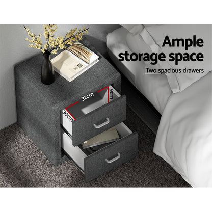 Grey fabric bedside table for kids rooms with a modern design and ample storage.