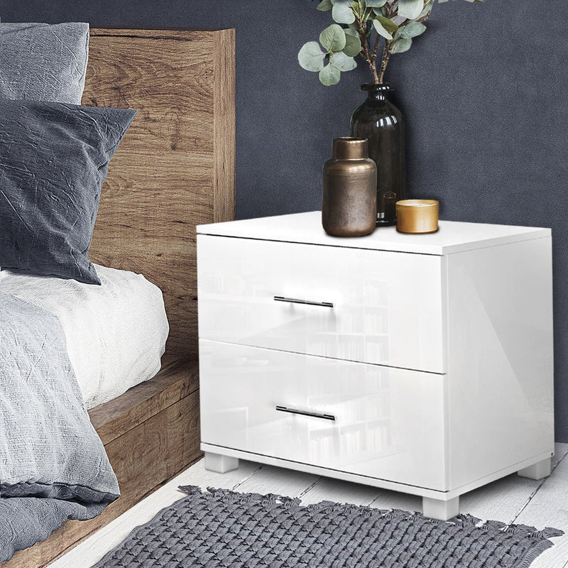 Buy Artiss High Gloss Two Drawers Bedside Table White