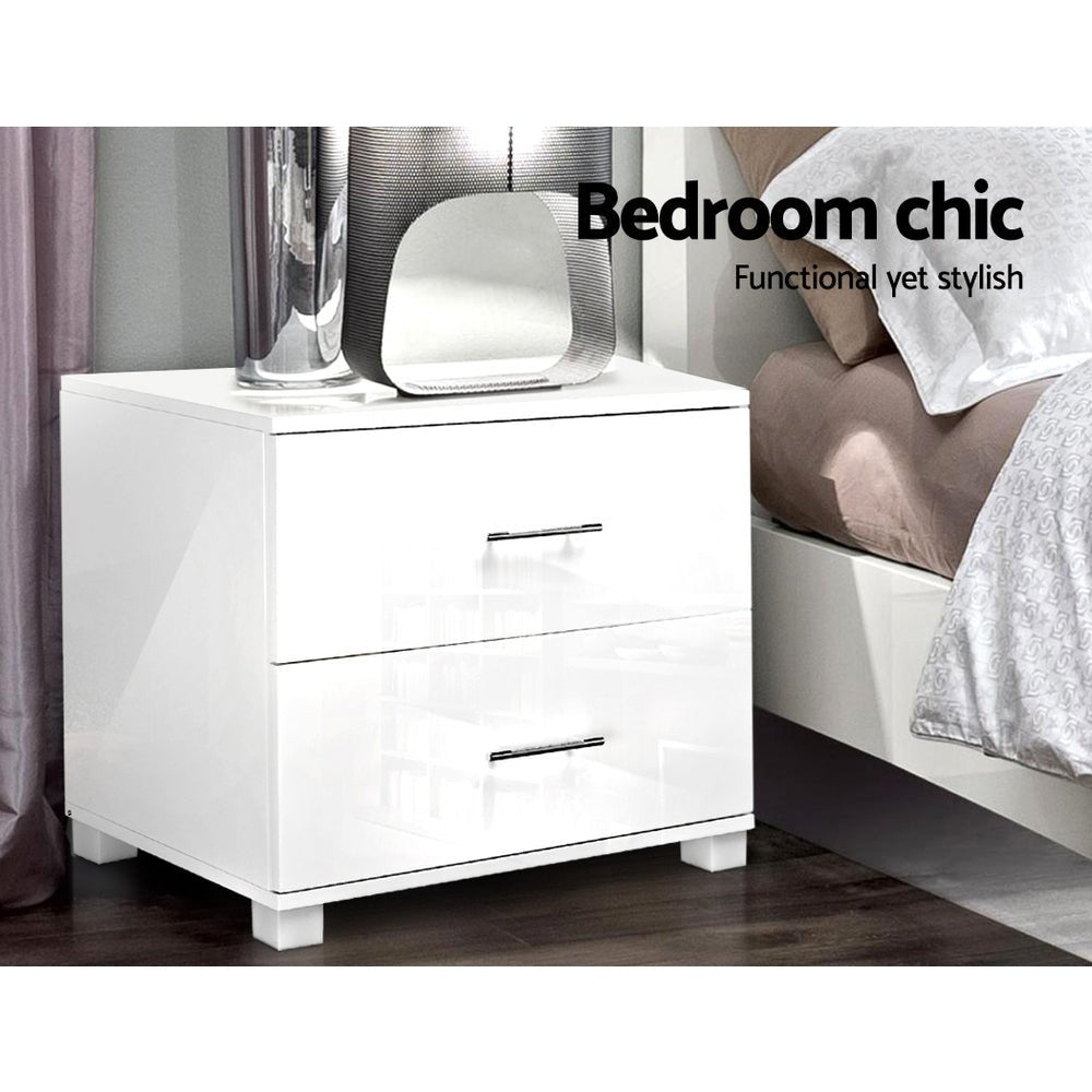 Furniture Artiss High Gloss Two Drawers Bedside Table - White