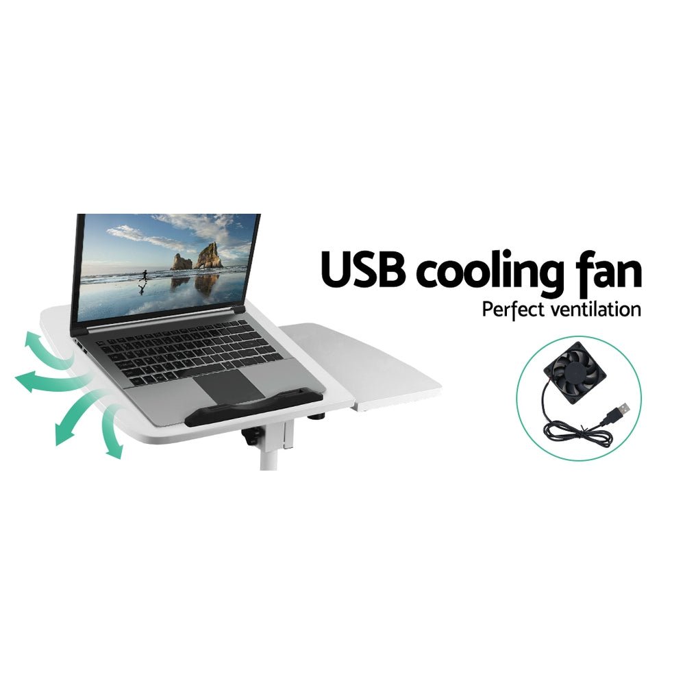 Artiss 360 Rotating Adjustable Laptop Stand with USB Cooler in kid-friendly white color.