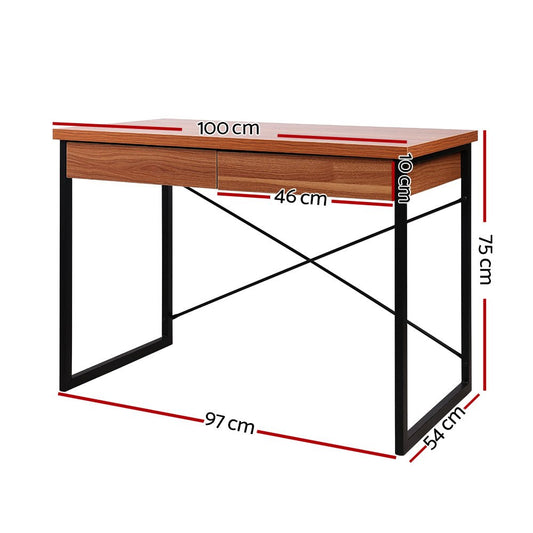 Kids walnut metal desk with drawer for stylish and functional study space.