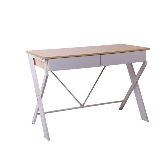 Kids white metal desk with oak top and drawer, ideal for study and play area.