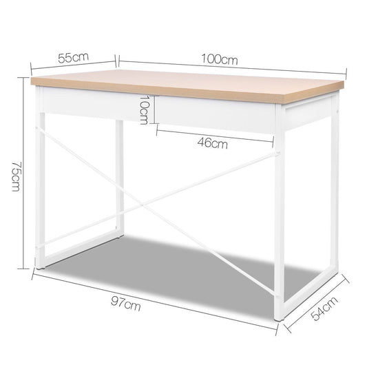 White metal desk with wooden top and drawers, ideal for childrens study area.