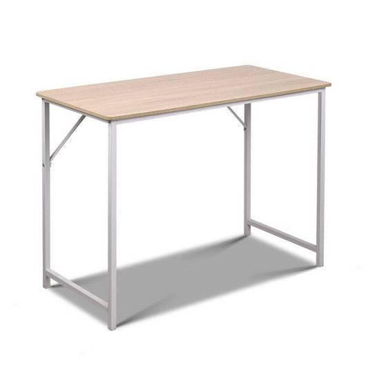 Kids Oak and White Metal Computer Desk for Home Office, minimalist design for young learners.