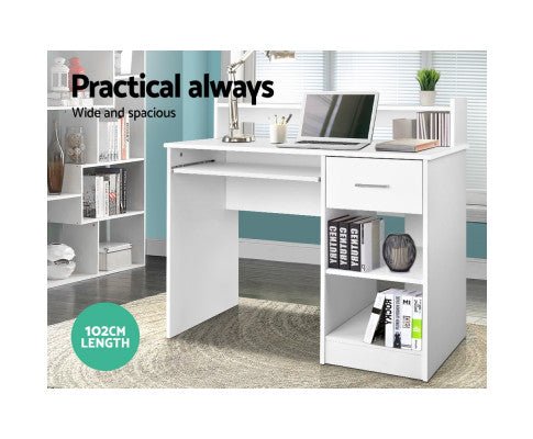 Kids white office desk with storage, ideal for study and playtime in childrens room.