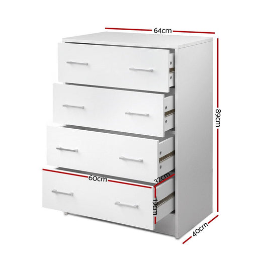 White 4-drawer storage cabinet for kids rooms, Artiss Tallboy ideal for organizing toys.