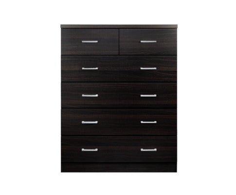 Artiss Tallboy kids storage cabinet with 6 drawers in warm walnut finish.