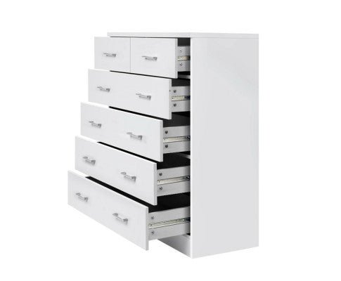 White 6-drawer tallboy cabinet for kids storage. Organize toys and clothes efficiently.