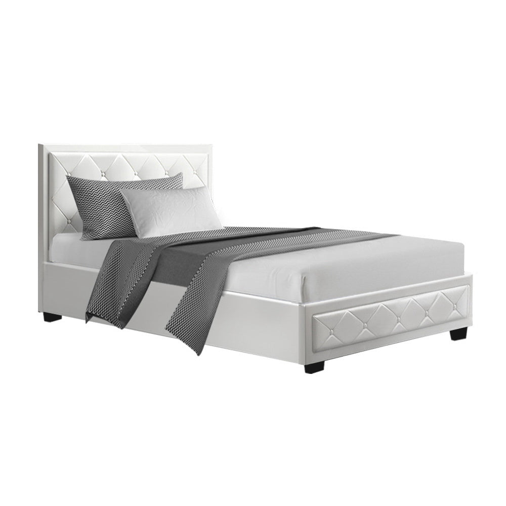 White PU leather gas lift storage bed frame for kids room organization.