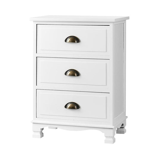 Vintage white bedside cabinet with ample storage for childrens rooms, charming and functional.