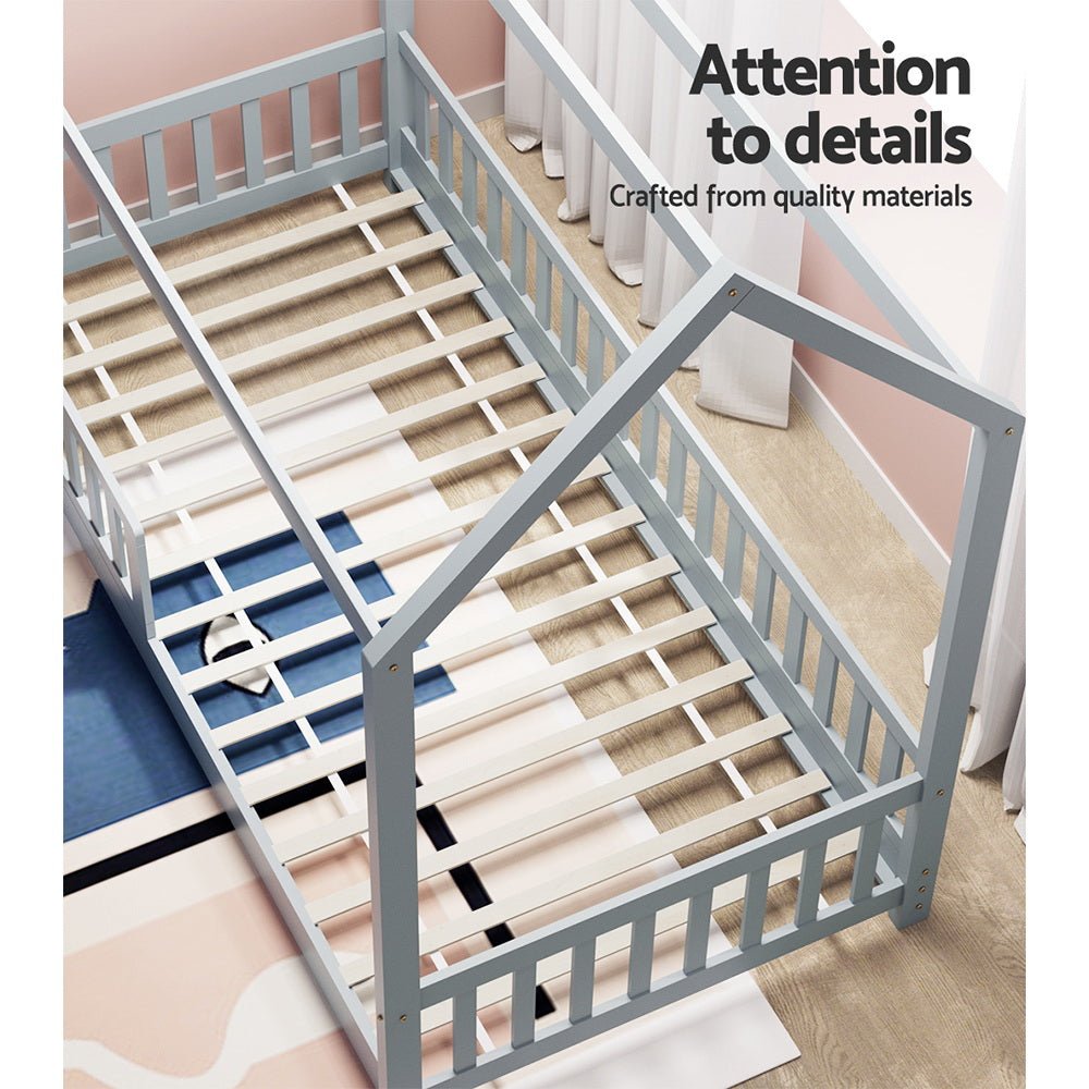 House-shaped single bed frame in grey pine timber base for cozy childrens room.