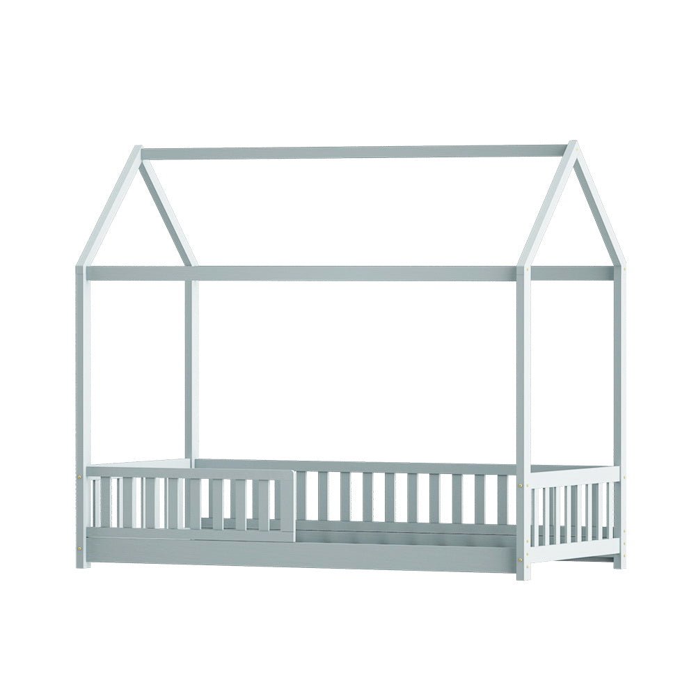 House-shaped pine timber bed frame in grey, ideal for single-size kids bedrooms.