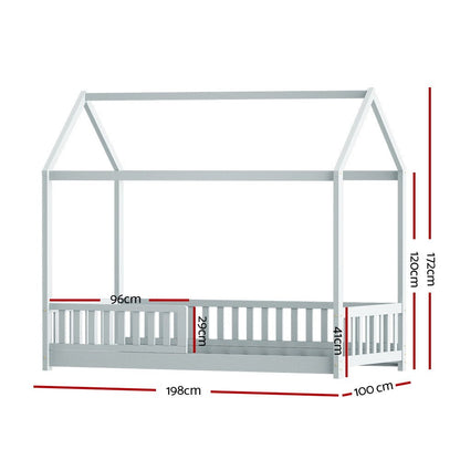 House-shaped pine timber bed frame in grey for single size kids room decor.