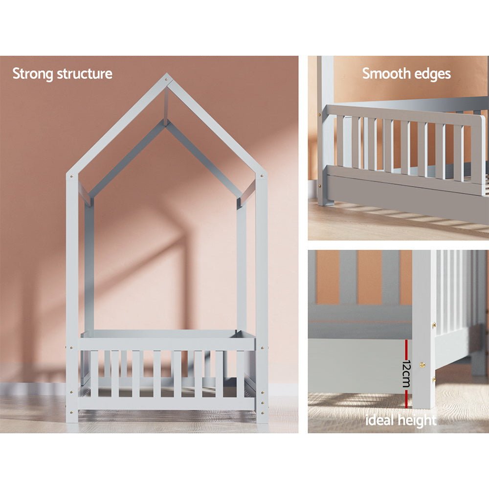 House-shaped grey single bed frame made of pine timber for childrens bedroom decor.