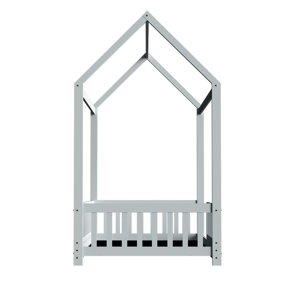 Single size grey wooden bed frame in charming house shape for kids bedrooms.