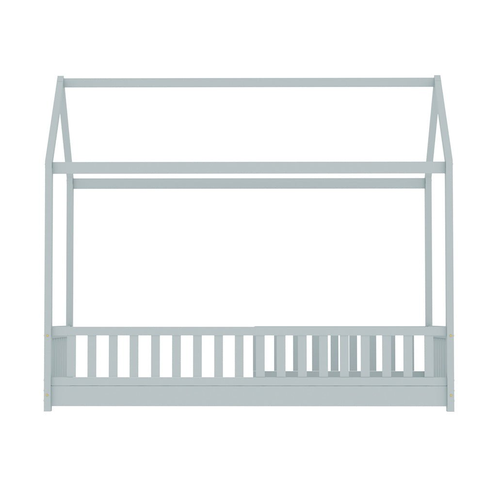 House-shaped single size grey bed frame made with pine timber, perfect for kids rooms.
