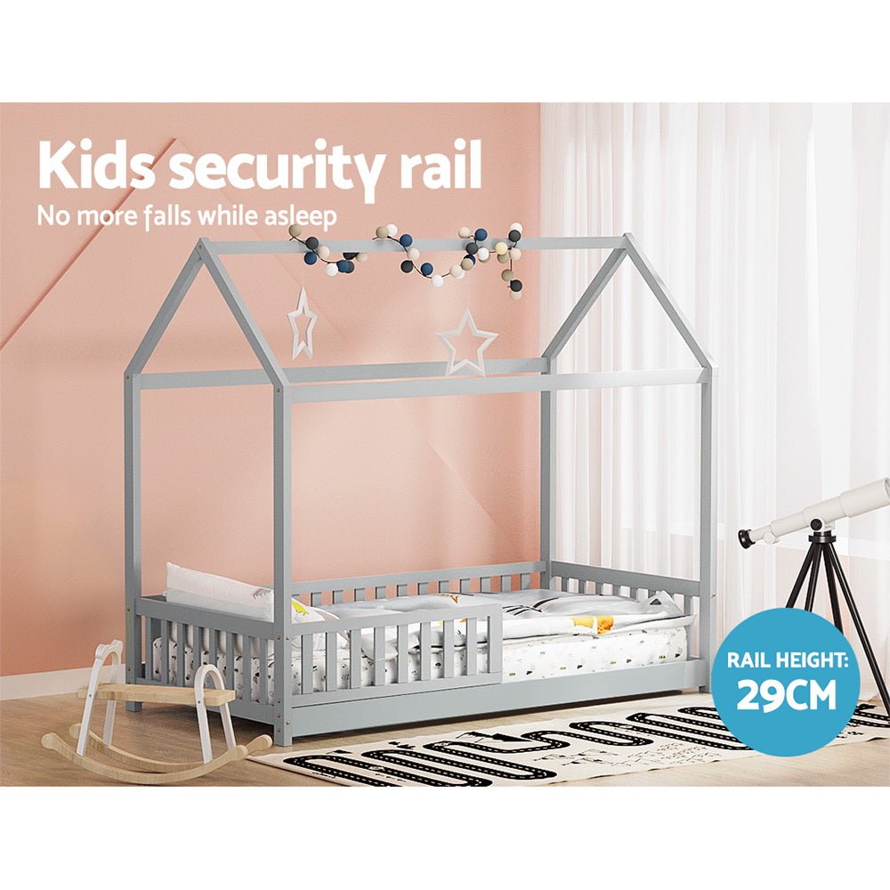 House-shaped grey pine bed frame for kids rooms, single size platform design.