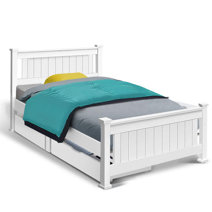 Single size wooden bed frame with storage drawers, ideal for childrens room organization.