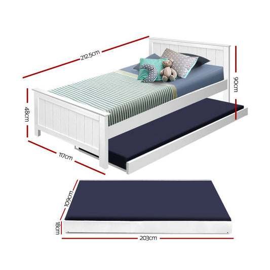 White king single trundle bed frame with timber slats, perfect for childrens room