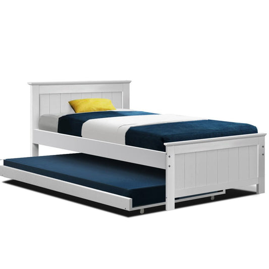 Artiss king single trundle bed frame in white, perfect for childrens bedrooms with timber slats.