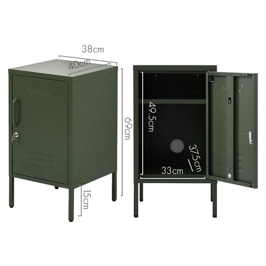 Green metal locker storage for kids rooms, perfect for organizing toys and belongings.