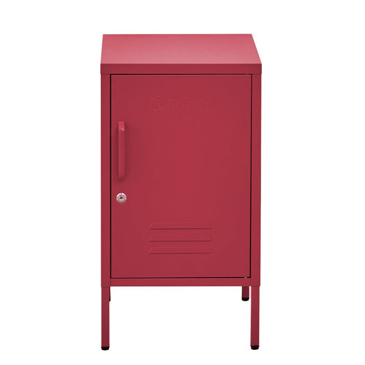 Pink metal locker storage adds style and organization to childrens bedrooms or playrooms.
