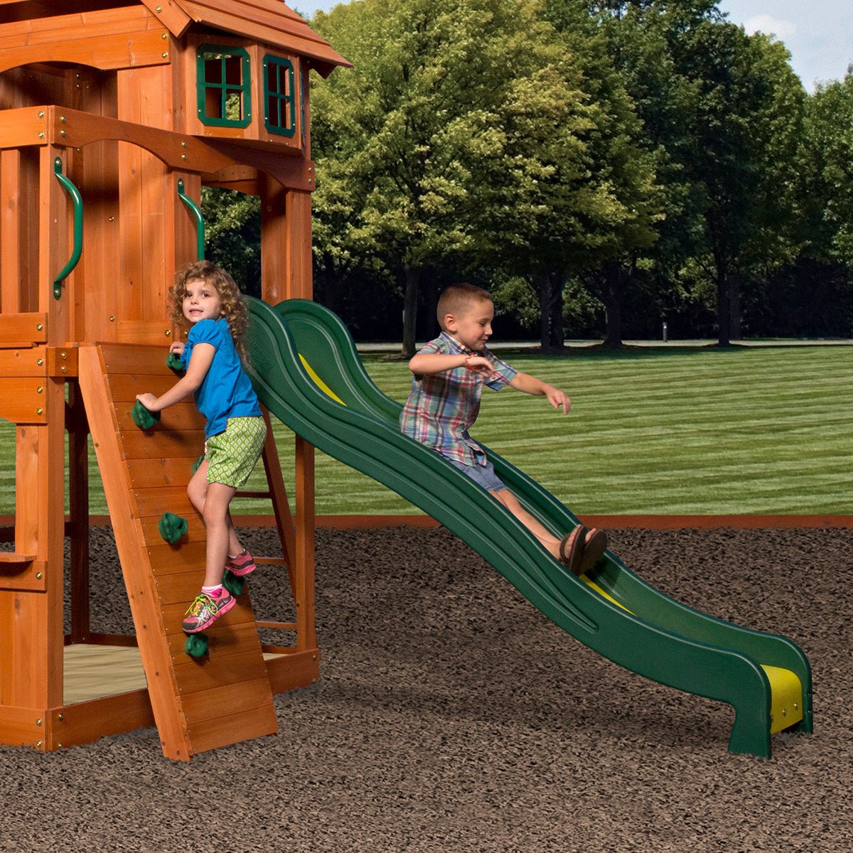 Backyard Discovery Atlantis Swing and Play Set | Outdoor playset with swings, slide, and fort.