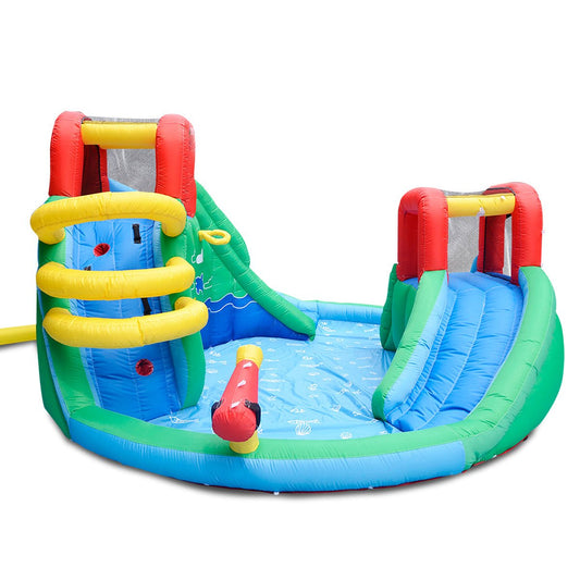 Colorful Atlantis Water Slide and Splash Inflatable Play Centre for backyard fun.