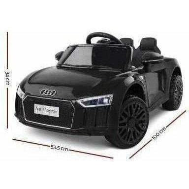 12V Audi R8 ride-on car in black for kids, licensed design for home play.