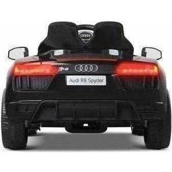 12V Audi R8 kids ride-on car in black, licensed design for fun home playtime.