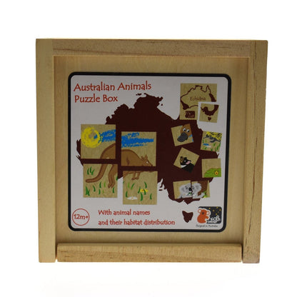 Wooden puzzle box featuring Australian animals for educational fun at home for kids.