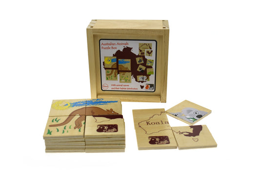 Colorful Australian animal puzzle box for fun and educational playtime at home.