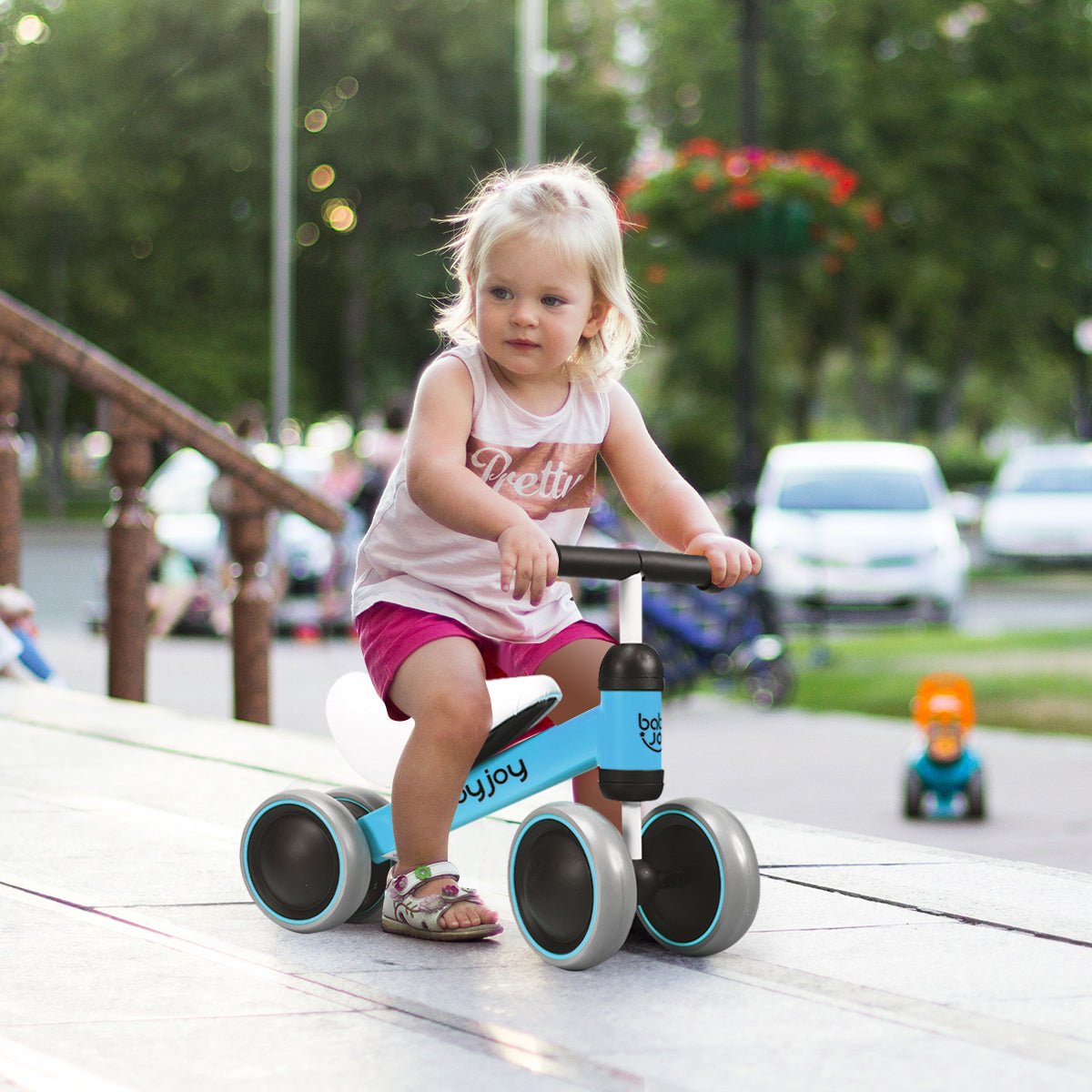 Discover the Ride: Blue 4-Wheel Balance Training Bike for Confident Kids