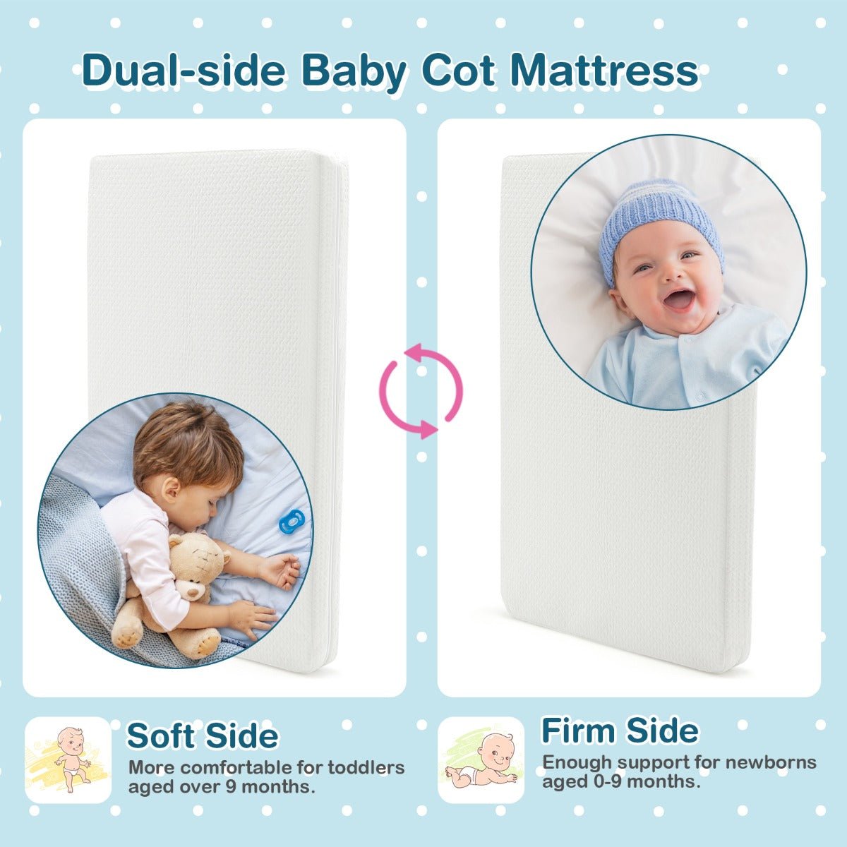 Soft dual-sided baby cot mattress with removable cover, 97x68cm - ideal for infant comfort.