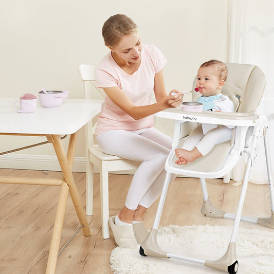 Adjustable Recline Baby High Chair - Foldable, Convertible, Beige