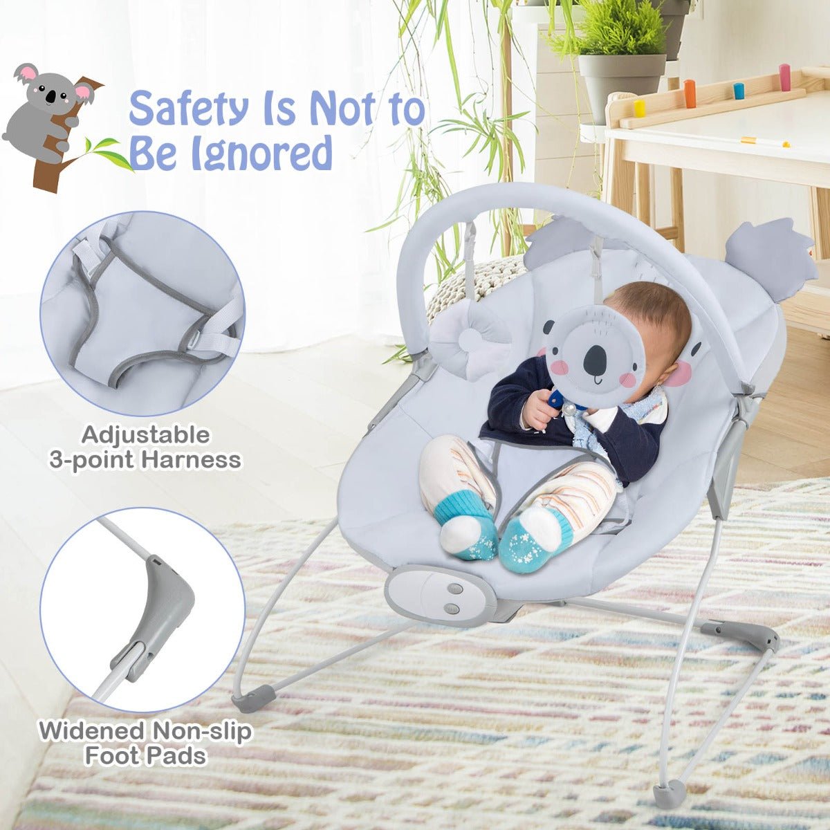 Baby rocker seat with music and toys, ideal for soothing infants at home.