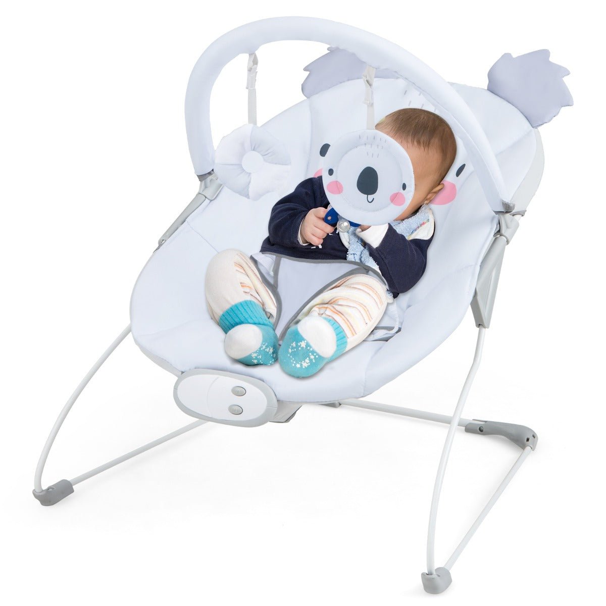 Baby rocker seat with music and toys for soothing infant bouncer at home.