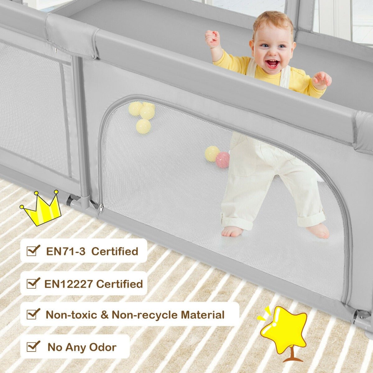 Baby playpen with ocean balls offers spacious play area and safety features.