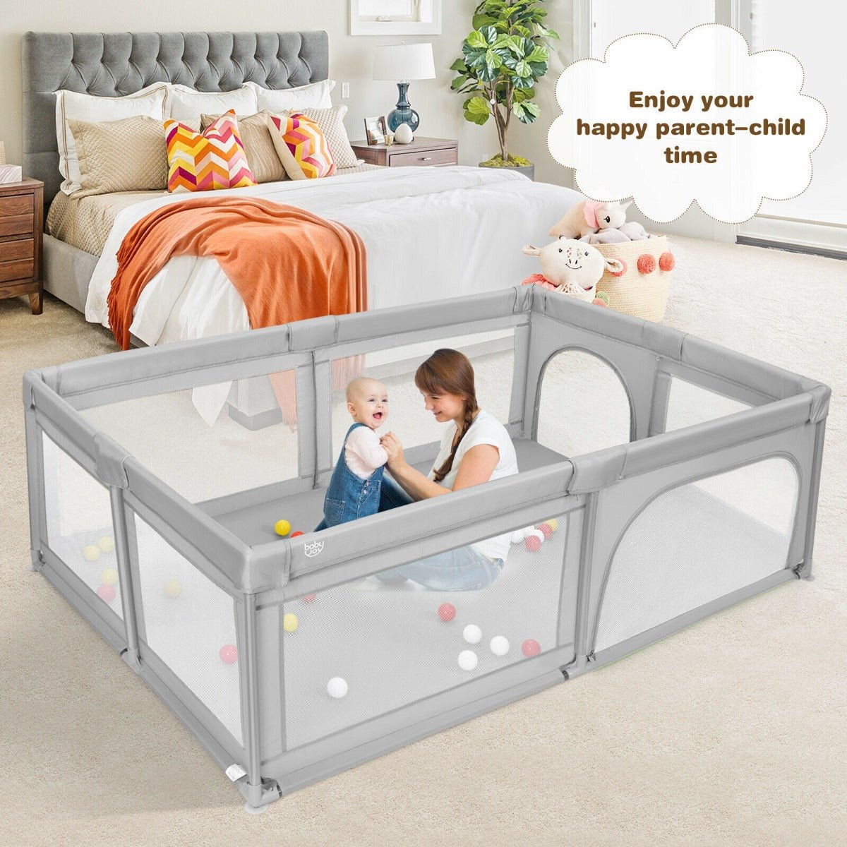 Baby playpen with ocean balls, safety features ideal for spacious indoor playtime.