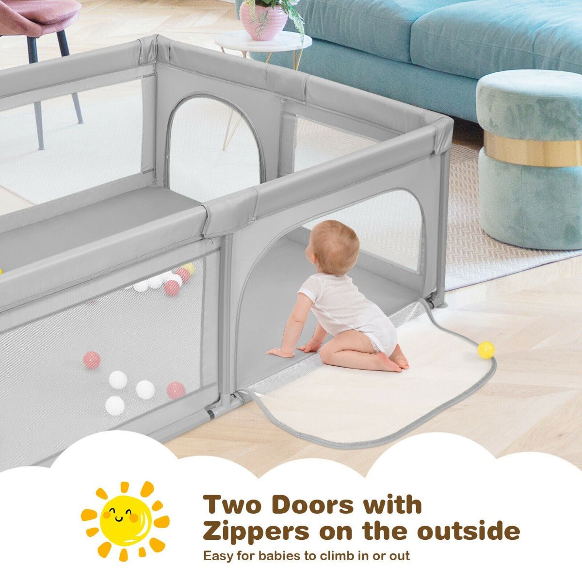 Spacious playpen for babies with ocean balls, designed for safety and fun at home.