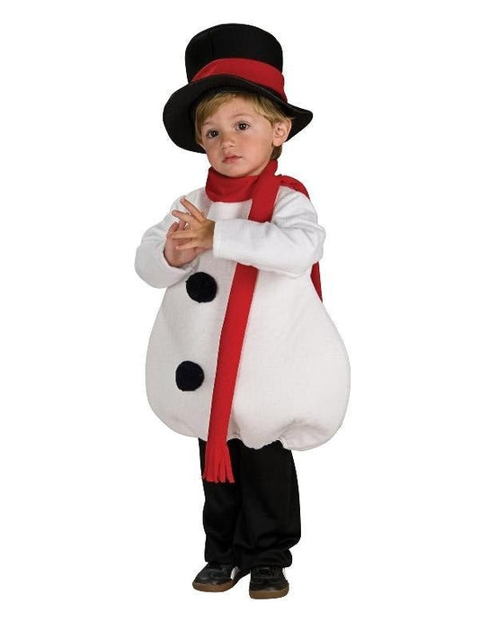 Snowman costume for kids featuring fleece tunic and top hat, ideal for winter dress-up play.